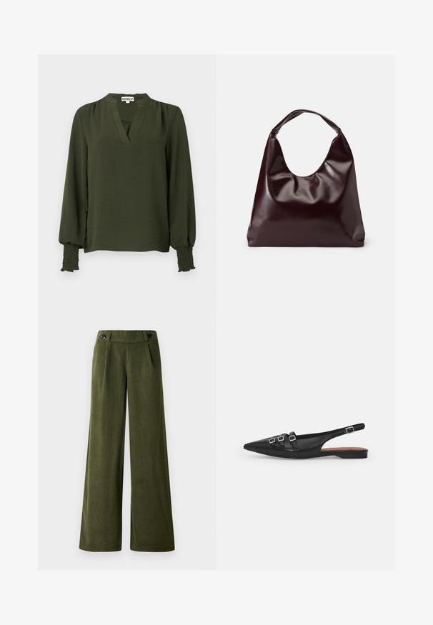 Blusa de manga larga de color verde oscuro con escote en V, hombros fruncidos y puños elásticos fruncidos en las mangas.; Pantalones de pana de pierna ancha en verde oscuro. Presentan una textura suave, dos bolsillos frontales y dos cierres de botón en la cintura.; Zapato plano slingback de cuero negro con puntera puntiaguda, que presenta dos correas horizontales y hebillas plateadas cuadradas, tacón bajo y textura suave.; Bolso tote vegan de cuero brillante en burdeos, con una forma suave y escultórica y un asa ancha y curvada para facilitar el transporte.
