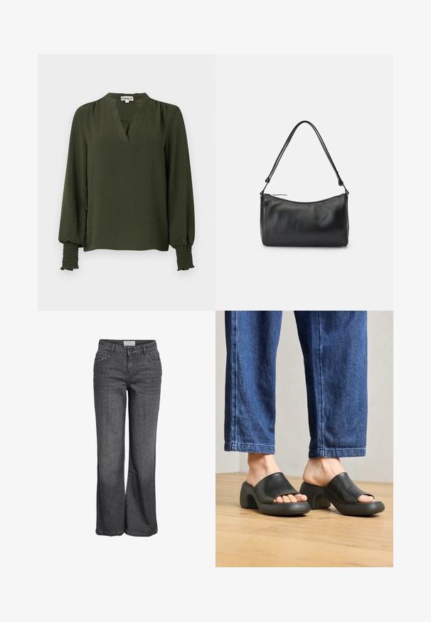 Blusa de manga larga de color verde oscuro con escote en V, hombros fruncidos y puños elásticos fruncidos en las mangas.; Jeans de pierna ancha en denim gris oscuro. Presentan una cintura alta, un diseño tradicional de cinco bolsillos y un dobladillo limpio sin embellishments.; Zuecos de cuero negro de punta abierta con un tacón curvado y grueso, y una suela texturada gris, llevados con pantalones de denim oscuros sobre un suelo de madera.; Bolso de hombro de piel negra con textura suave, forma curva y una sola correa larga, con cierre de cremallera en la parte superior.