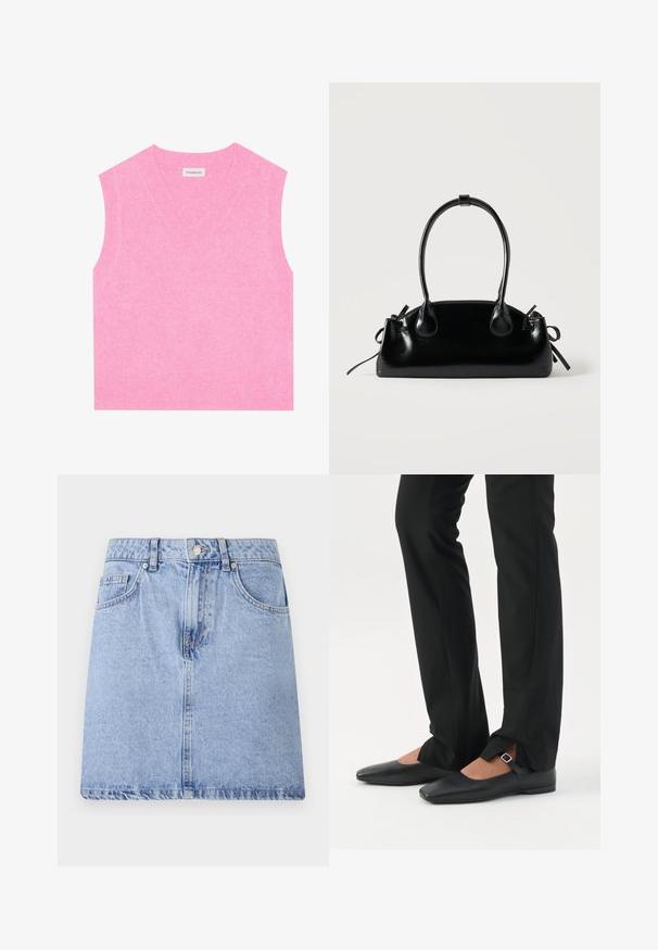 Even&Odd Top - pink; Lyseblå denimskirt med fem lomme-design, frontknap og lynlåslukning samt rå kant. Glat tekstur med let falmning.; Ben iført sorte smalle bukser med forreste slidser ved kanten, parret med sorte flade Mary Jane-sko med lille spænde.; Lille sort blank håndtaske med to lange håndtag og snøre-detaljer i siden på en ensfarvet lys baggrund.