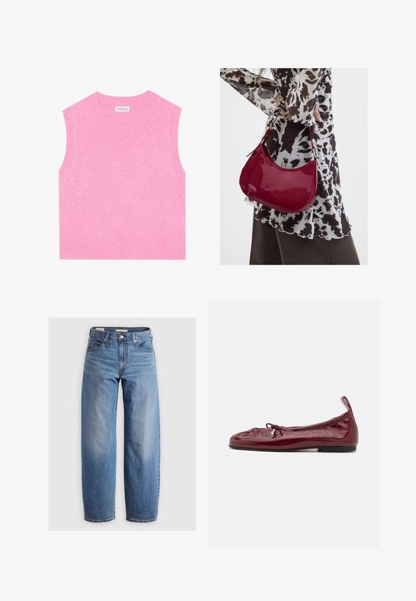 Even&Odd Top - pink; Svetlomodré džínsové nohavice rovného strihu vyrobené z denimu. Obsahujú klasický dizajn s piatimi vreckami a jemné vyblednutie pozdĺž nohavíc.; Burgundské lakované balerínky s okrúhlou špičkou, tenkou čiernou podrážkou a mašľou na prednej strane. Hladký, lesklý povrch.; Žena v čierno-bielom vzorovanom blúzke drží lesklú červenú kabelku cez rameno na jednofarebnom pozadí.
