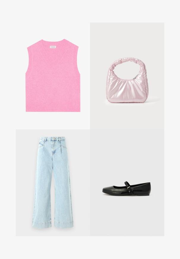 Even&Odd Top - pink; Svetlo modré široké džínsy z denimu, s vysokým pásom, prednými vreckami a prešitými detailmi na leme.; Čierne kožené baletné poltopánky s okrúhlou špičkou, plochou podrážkou a tenkým nastaviteľným popruhom cez priehlavok s kovovou sponou.; Ružová, polstrovaná kabelka s oblehnutým dizajnom, vyrobená z lesklého materiálu. Obsahuje naťahovanú rukoväť a zipsové uzatvorenie pre bezpečný prístup.