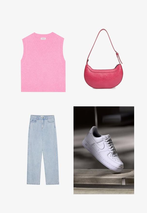 Even&Odd Top - pink; Lyseblå, højtaljede denimbukser med lige ben, fem lommer og synlige sømme. Materialet har en klassisk vaskeeffekt.; Hvid Nike Air Force 1 sneaker svævende over en betonoverflade med skygger i et minimalistisk miljø.; Lyserød læderhandbag med en buet form, en enkelt justerbar skulderrem og en top-lynlås. Tekstureret overflade med synlige folder.