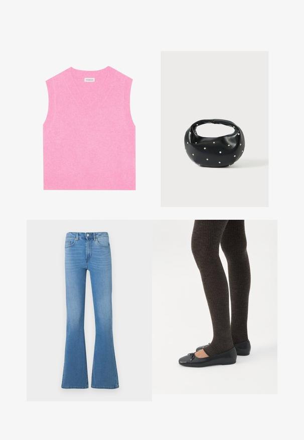 Even&Odd by Zalando Top - pink; Svetlomodré rozšírené džínsy z denimu so stredným pásom, vybavené prednými vreckami a zapínaním na gombík. Hladká textúra a klasický dizajn s piatimi vreckami.; Nohy v tmavých pásikavých legínach v kombinácii s čiernymi balerínkami s malými mašličkami na bielom pozadí.; Čierna kožená kabelka s zaobleným tvarom, zdobená striebornými cvočkami a krátkym rúčkou. Hladká textúra a zapínanie na zips.