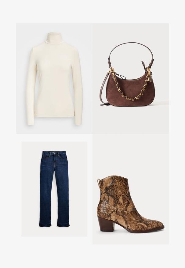 Langærmet turtleneck-top i blødt, cremefarvet stof. Har et tætsiddende design med høj krave og sømløse ærmekanter.; Mørkeblå straight-leg jeans med frontknap og lynlås, fem-lomme design og synlige syninger.; Brun ankelstøvle med slangeprint, lav stakket hæl og trække-øje bagpå, vist mod en ens hvid baggrund.; Brun ruskind skuldertaske med guldkædedetalje og justerbar læderrem, med en lille logohalskæde og øverste lynlåslukning.