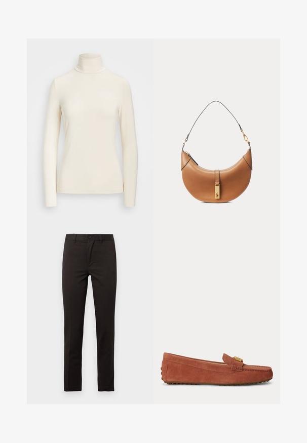 Dlhý rukáv s rolákom z mäkkej krémovej látky. Má priliehavý strih s vysokým golierom a bezšvovými okrajmi rukávov.; Čierne nohavice s rovnými nohavicami vyrobené z hladkej bavlnenej zmesi; majú predné zapínanie na gombík, zips a dve bočné vrecká. Čistý, minimalistický dizajn.; Hnedý semišový mokasín so zlatou prackou, zaoblenou špičkou a gumovou podrážkou, zobrazený z boku na jednolôžkovom pozadí.; Hnedá kožená kabelka v tvare polmesiaca s krátkym remienkom a zlatým obdĺžnikovým príveskom s logom koňa na prednom zapínaní.