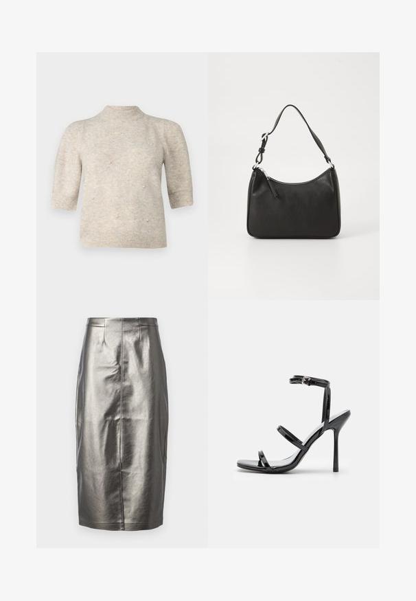 Kortærmet, højhalset sweater i et blødt, lyst beige strik, med små perle detaljer foran samt ribbede manchetter og kant.; Metallic sølv blyantskirt i et glat, skinnende materiale. Har høj talje, slids bagpå og detaljer med midtersøm.; Sorte patentlæder højhælede sandaler med tre horisontale stropper og en justerbar ankelstrop. Elegant silhuet og skinnende finish.; Sort læderhåndtaske med en buet form, en enkelt rem, lynlås lukning og diskret branding på forsiden. Glat tekstur, minimalistisk design.