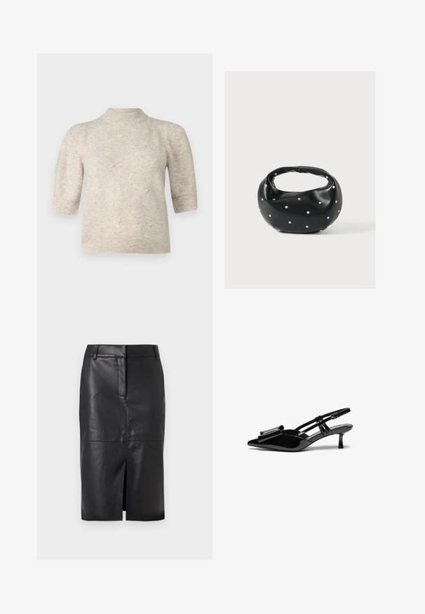 Kortærmet, højhalset sweater i et blødt, lyst beige strik, med små perle detaljer foran samt ribbede manchetter og kant.; Sort læder blyantskørter med en forslidser, der har en glat tekstur, to sidelommer og en tætsiddende silhuet.; Sorte patenterede læderslingbacks med spids tå, en sløjfedetalje foran og en lille stilettohæle. Remmene har justerbare spænder.; Sort læderhåndtaske med en rundet form, dekoreret med sølvnitter, og et kort håndtag. Glat tekstur og lynlåslukning.