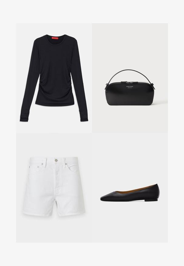 Top negro de manga larga con cuello redondo, que presenta detalles de fruncido en los laterales y puños ajustados. Fabricado con un tejido suave y liso.; Pantalones cortos de denim blancos con bolsillos delanteros, trabillas para cinturón y cierre con botón metálico, mostrados sobre un fondo liso.; Zapato plano de punta puntiaguda de cuero negro con tacón bajo y acabado liso, mostrado de perfil sobre un fondo gris claro.; Bolso pulsera de cuero negro con cremallera plateada y asa corta, logo Emporio Armani Milano 1981 en relieve en el frente.