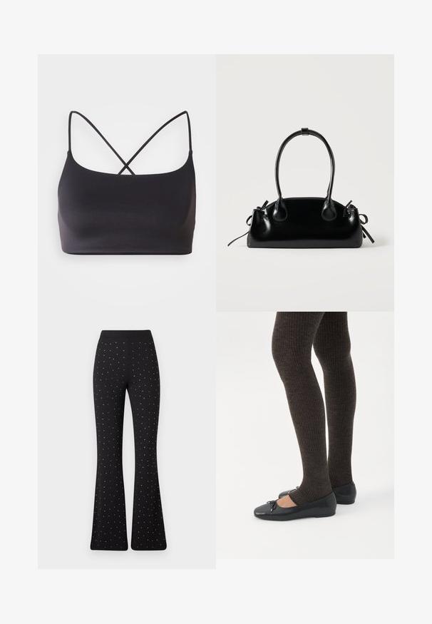 Sort bralette med en glat overflade, der har tynde stropper, som krydser hinanden på ryggen for et minimalistisk design.; Svart flagrende bukser med jævnt fordelte små hvide prikker og en simpel talje mod en hvid baggrund.; Ben iført mørke ribbede leggings kombineret med sorte balletsko med små sløjfedetaljer på hvid baggrund.; Lille sort blank håndtaske med to lange håndtag og snøre-detaljer i siden på en ensfarvet lys baggrund.