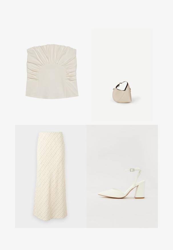 Haut couleur crème avec tissu froncé, présentant un décolleté arrondi et une texture lisse. Le design comprend des plis le long des bords.; Jupe midi couleur crème avec un motif à rayures diagonales marron. Dispose d'une taille ajustée et d'un tissu doux avec une texture lisse.; Sandale blanche à talon avec un bout pointu, sangle de cheville réglable et un talon carré épais. Texture lisse avec des détails de couture minimaux.; Sac à main en cuir beige en forme de croissant avec une seule bandoulière et des coutures minimalistes, posé sur un fond blanc uni.