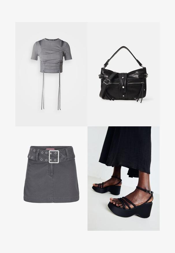 Haut court gris à manches courtes, avec un motif de côtes verticales, des détails froncés et des liens réglables à l'ourlet pour un ajustement sur mesure.; Jupe mini en coton gris avec une large ceinture ornée d'œillets en argent et d'une boucle en métal carrée, conçue avec une silhouette épurée et droite.; Sandales compensées noires avec plusieurs fines lanières, boucle de cheville ajustable, surface texturée et forme de talon arrondie.; Even&Odd by Zalando H24462 - Sac à main - black
