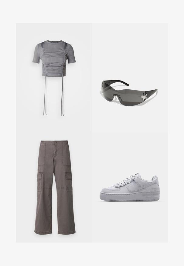 Haut court gris à manches courtes, avec un motif de côtes verticales, des détails froncés et des liens réglables à l'ourlet pour un ajustement sur mesure.; Pantalons cargo gris en coton avec un design à jambes larges, dotés de deux poches avant, de deux poches latérales et de détails de couture visibles.; Basket en cuir lisse gris Nike Air Force 1 avec un bout perforé, une semelle épaisse et un détail 'AIR' en relief sur le talon.; Lunettes de soleil noires avec un design enveloppant, verres teintés foncés, accents brillants en forme d'étoile et plaquettes de nez ajustables.