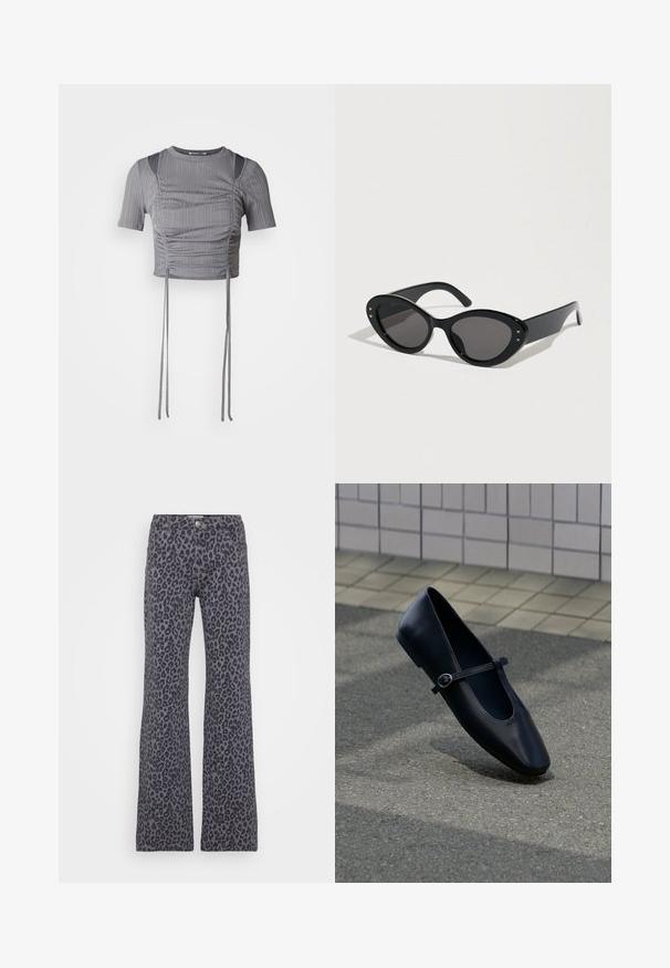 Grå cropped top med korte ærmer, prydet med lodret ribbet mønster, sammenkrøllede detaljer og justerbare bånd i kanten for en skræddersyet pasform.; Grå, flagrende jeans med et sort leopardprintmønster. De har en knaplukning og fem-lomme design.; Sort læder Mary Jane flad sko med en lille spænde rem, placeret på en grå asfalt overflade nær en flisebelagt væg.; Sorte solbriller med en stor cat-eye form. Glatte plaststel med mørke linser og små stjerne-accentsider.