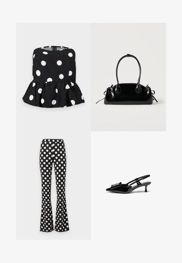 Haut noir sans bretelles à pois blancs avec un ourlet peplum volanté, présenté sur un fond clair uni.; Pantalon noir évasé avec de grands pois blancs et une taille élastique, présenté sur un fond clair uni.; Talons aiguilles en cuir verni noir avec un bout pointu, un détail en nœud à l'avant et un petit talon stiletto. Les brides sont équipées de boucles ajustables.; Petit sac à main noir brillant avec deux longues anses et des détails à cordon sur les côtés sur un fond clair uni.