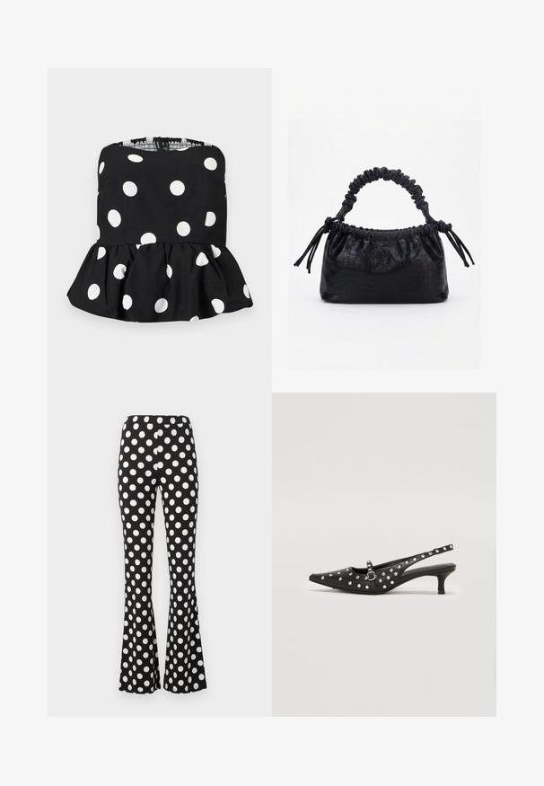 Haut noir sans bretelles à pois blancs avec un ourlet peplum volanté, présenté sur un fond clair uni.; Pantalon noir évasé avec de grands pois blancs et une taille élastique, présenté sur un fond clair uni.; Chaussures noires à bride arrière avec un bout pointu, décorées de clous en argent, présentant un petit talon et un détail de bride à boucle.; Sac à main noir avec texture crocodile, bord supérieur froncé, poignée plissée et pompons à cordon de chaque côté sur fond blanc.