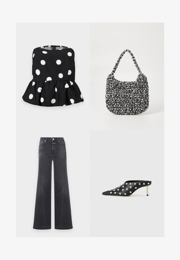 Haut noir sans bretelles à pois blancs avec un ourlet peplum volanté, présenté sur un fond clair uni.; Jean gris foncé taille haute à jambes larges, avec cinq poches, fermeture à boutons et un léger effet délavé sur l'avant des cuisses.; STAND STUDIO KELSEY - Mules à talons - black; Sac en osier noir et blanc de forme arrondie, avec une surface texturée et une poignée tressée. Convient à un usage décontracté.