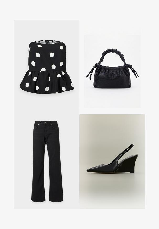 Haut noir sans bretelles à pois blancs avec un ourlet peplum volanté, présenté sur un fond clair uni.; Jean noir taille haute avec jambes droites et larges, poches avant, passants de ceinture et fermeture par bouton métallique sur fond blanc.; Chaussure slingback en cuir noir avec bout pointu et talon compensé haut sur fond neutre.; Sac à main noir avec texture crocodile, bord supérieur froncé, poignée plissée et pompons à cordon de chaque côté sur fond blanc.