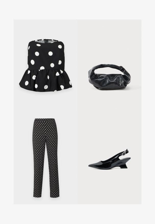 Haut noir sans bretelles à pois blancs avec un ourlet peplum volanté, présenté sur un fond clair uni.; Pantalon noir à jambes droites avec des pois blancs, taille élastique, sans poches ni fermetures visibles, présenté sur un fond uni.; Chaussure slingback en cuir verni noir avec bout pointu et petit talon bloc incliné sur fond clair uni.; Sac noir en matériau texturé et brillant avec une poignée circulaire torsadée et une fermeture éclair. Présente un design doux et froissé.