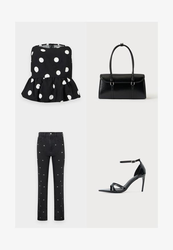 Haut noir sans bretelles à pois blancs avec un ourlet peplum volanté, présenté sur un fond clair uni.; Jeans noirs à jambes droites avec de petits motifs de petites abeilles argentées brodés répartis uniformément sur le devant.; Sandale à talon haut en cuir verni noir avec fine bride à la cheville, bout ouvert et design minimaliste sur fond clair uni.; Sac à main rectangulaire en cuir noir avec fermeture à rabat et deux longues anses sur fond blanc uni.