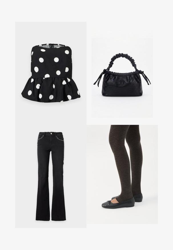 Haut noir sans bretelles à pois blancs avec un ourlet peplum volanté, présenté sur un fond clair uni.; Jean noir bootcut avec taille mi-haute et détails de clous argentés sur les poches avant, présenté sur un fond clair uni.; Jambes portant des leggings côtelés foncés associés à des ballerines noires avec de petits détails en nœud sur fond blanc.; Sac à main noir avec texture crocodile, bord supérieur froncé, poignée plissée et pompons à cordon de chaque côté sur fond blanc.