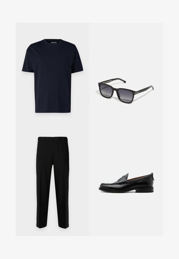 T-shirt en coton bleu marine à manches courtes et col rond, avec une texture lisse et sans motifs ni logos visibles.; Pantalon noir en tissu lisse, présentant une coupe droite, deux poches avant et une fermeture à glissière avec bouton.; Mocassin homme en cuir noir avec couture moc toe, bride penny, col texturé et petit talon empilé sur fond blanc.; BOSS Lunettes de soleil - black