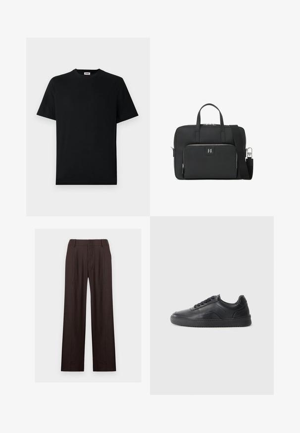 Camiseta básica negra de manga corta con cuello redondo, exhibida plana sobre un fondo blanco, con una pequeña etiqueta de la marca en el interior del collar.; Pantalones de vestir de pierna recta de color marrón oscuro con trabillas para el cinturón y cremallera frontal, exhibidos sobre un fondo claro y liso.; Zapatilla negra de cuero con un acabado suave, punta redondeada, panel lateral texturizado y cordones negros. Presenta una suela de goma plana y un diseño minimalista.; Bolso para laptop negro hecho de cuero sintético texturizado. Presenta dos asas, una correa de hombro desmontable y un bolsillo frontal con cremallera y logo.