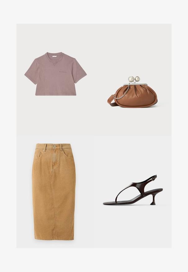 T-shirt cropped en mauve poussiéreux, fabriqué en tissu doux. Doté d'un col rond, de manches courtes et d'un logo subtil imprimé sur le devant.; Jupe en daim beige longueur genou avec détails de couture avant, passants pour ceinture, fermeture par bouton et fermeture éclair, et poches visibles sur fond blanc.; Sandale slingback en cuir verni marron foncé avec petit talon et bride entre les orteils sur fond blanc.; Pochette en cuir marron avec un fermoir à boule en argent et un petit détail en chaîne argentée sur fond blanc.