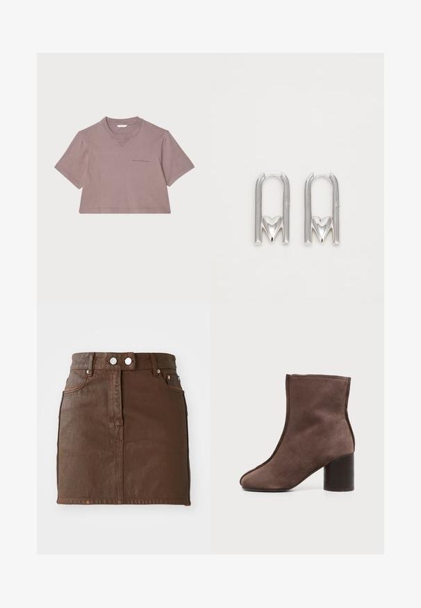 T-shirt cropped en mauve poussiéreux, fabriqué en tissu doux. Doté d'un col rond, de manches courtes et d'un logo subtil imprimé sur le devant.; Jupe en denim marron mini avec une taille haute, deux poches avant, des accents de boutons en argent et une texture lisse.; Bottine en daim marron avec bout arrondi et talon bloc sur fond clair uni.; Boucles d'oreilles en métal argenté présentant une forme en U avec un accent en forme de cœur à la base, une texture lisse et une finition polie.