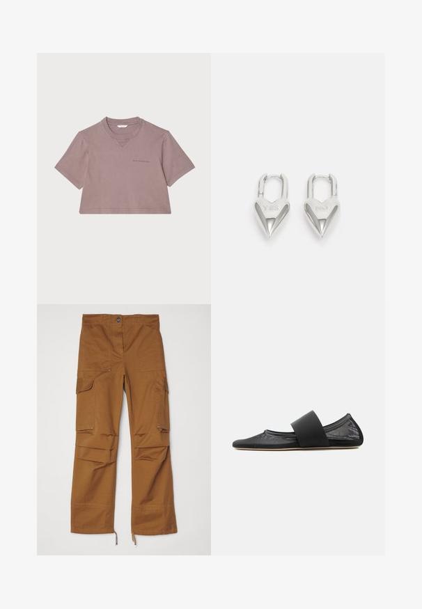 T-shirt cropped en mauve poussiéreux, fabriqué en tissu doux. Doté d'un col rond, de manches courtes et d'un logo subtil imprimé sur le devant.; Pantalons cargo marron avec une coupe droite, plusieurs poches et des accents zippés au bas. Fabriqués en tissu durable.; Chaussure plate en mesh noir avec bout arrondi et large bride élastique sur le cou-de-pied, vue de profil sur fond uni.; Cadenas en forme de cœur en argent avec les inscriptions gravées "OUI" et "NON", finition polie, design symétrique et un robuste fermoir en métal.