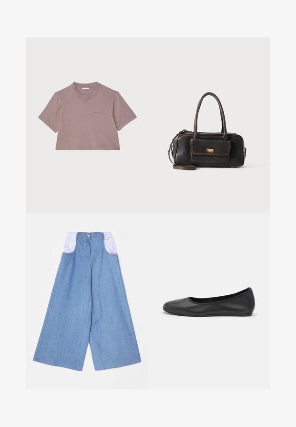 T-shirt cropped en mauve poussiéreux, fabriqué en tissu doux. Doté d'un col rond, de manches courtes et d'un logo subtil imprimé sur le devant.; Pantalons en denim à jambes larges bleu clair avec des poches élastiques violet clair contrastées. Présente une fermeture à bouton sur le devant et des coutures visibles.; Ballerines en cuir noir avec un bout rond, texture lisse, détails de couture minimalistes et design de semelle flexible.; Sac à main en cuir marron foncé avec deux poignées, une poche avant avec un fermoir doré et une bandoulière amovible sur un fond uni.