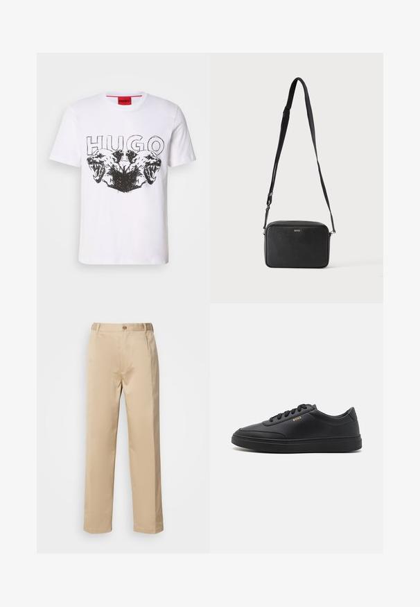 Witte katoenen t-shirt met zwart grafisch ontwerp van twee brullende panterkoppen met het woord "HUGO" erboven. Korte mouwen, ronde hals.; Beige broek van lichtgewicht stof, met een rechte pasvorm, tailleband met riemlussen en een enkele knoopsluiting aan de voorkant.; Zwarte leren sneakers met een gladde textuur, ronde neus, platte rubberen zool en tonale veters. Kenmerkt zich door de gouden "BOSS" branding aan de zijkant.; Zwarte rechthoekige crossbodytas met verstelbare band en BOSS-logo aan de voorkant, tegen een effen lichte achtergrond.