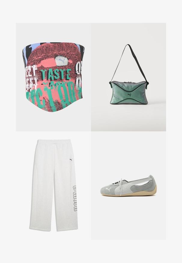 Masque facial tubulaire en tissu coloré avec un design graphique abstrait, des lèvres rouges et des éléments de texte mélangés en vert, blanc et noir.; Pantalon de jogging gris clair avec taille élastique, poches latérales, logo Puma noir sur la cuisse gauche et texte contour noir sur la jambe droite.; Chaussure plate en daim Puma gris clair avec logo blanc, lacets à l'avant, côtés découpés et semelle beige texturée, vue du côté extérieur.; Petit sac d'épaule vert irisé avec bordure noire, sangle réglable noire, fermeture éclair et logo Puma au centre avant.