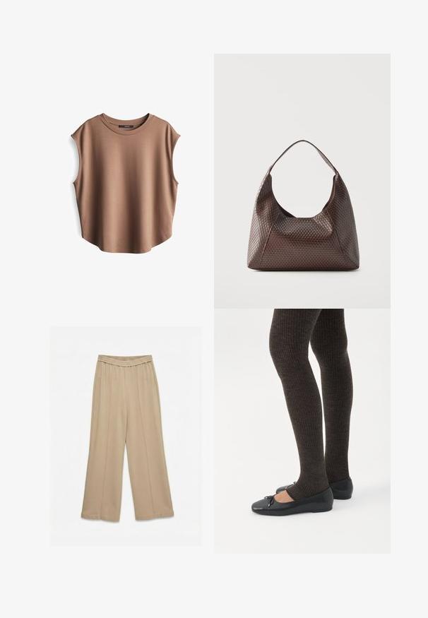 Bruine mouwloze top van gladde stof, met een ronde hals en verlaagde armsgaten, een licht gebogen zoom en een minimalistisch ontwerp.; Beige wijde broek met elastische tailleband en verticale naaddetails, weergegeven op een effen witte achtergrond.; Benen met donkere geribbelde leggings gecombineerd met zwarte ballerina's met kleine strikdetails op een witte achtergrond.; Bruine gevlochten leren schoudertas met een enkele brede riem en een slungelig, halvemaanvormig lichaam.