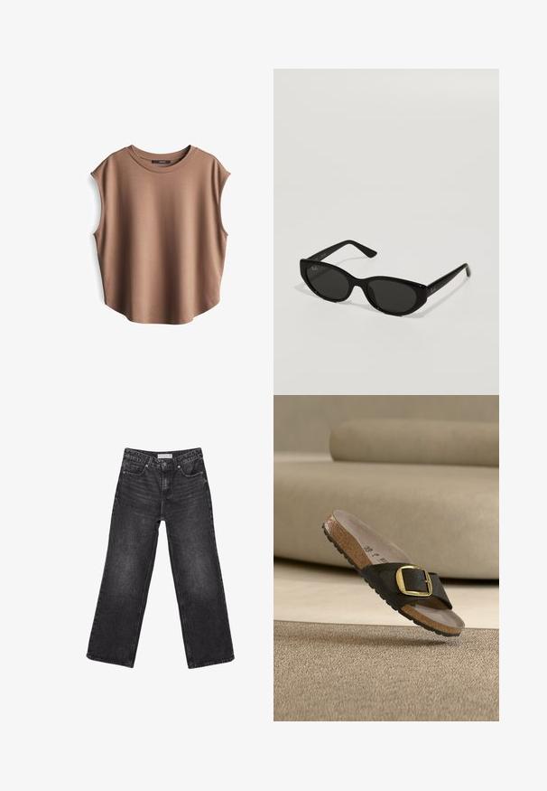 Braunes ärmelloses Oberteil aus glattem Stoff, mit rundem Ausschnitt und abgesenkten Armausschnitten, leicht abgerundetem Saum und minimalistischem Design.; Schwarze Jeans mit weitem Bein, vorderen Taschen und Knopfverschluss, Größenetikett 38 sichtbar am Bund.; Schwarze Slide-Sandale mit großer goldener Schnalle, Korkfußbett und strukturierter Sohle, auf Teppich vor beigem Sofa platziert.; Schwarze Sonnenbrille in schmaler Katzenaugenform. Aus glattem Kunststoff gefertigt, mit dunklen Gläsern und dezenten Logo-Akzenten an den Bügeln.