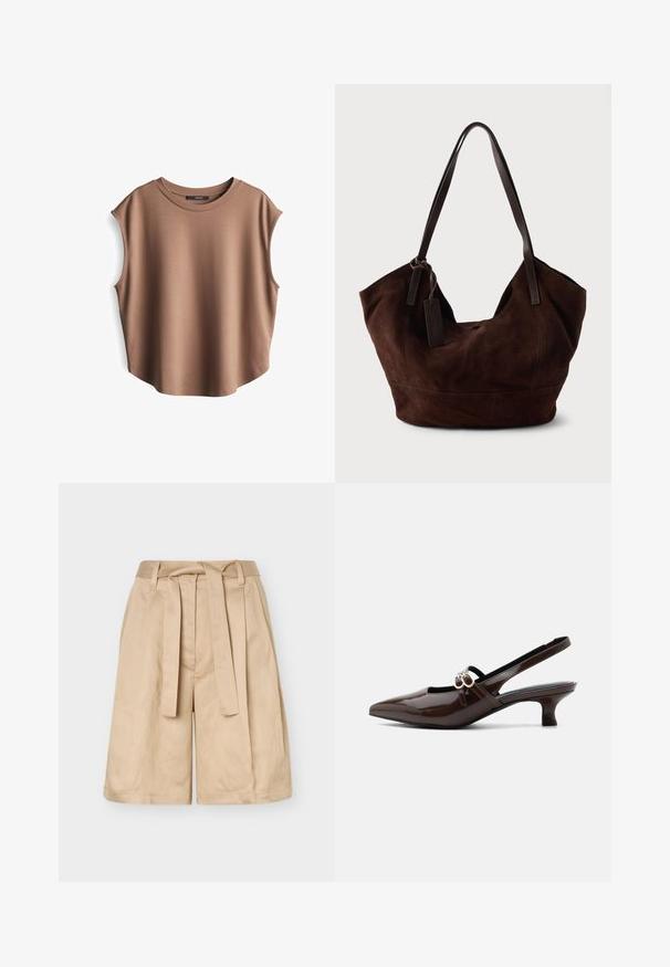 Bruine mouwloze top van gladde stof, met een ronde hals en verlaagde armsgaten, een licht gebogen zoom en een minimalistisch ontwerp.; Beige shorts met hoge taille, riemlussen, een stoffen strikriem en brede pijpen, weergegeven tegen een effen achtergrond.; Marco Tozzi Klassieke pumps - cinnamon; Bruine suède handtas met een zachte, slungelige vorm. Voorzien van leren handvatten en een tagaccent. Eenvoudige textuur met gebogen naden.
