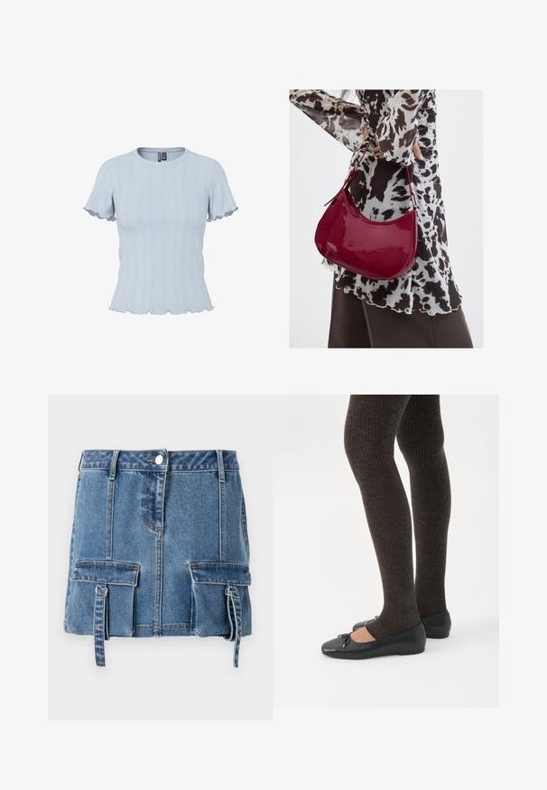 Haut en maille bleu clair à manches courtes avec motifs côtelés et effet dentelle, encolure ronde et bords volantés aux manches et à l'ourlet.; Jupe mini en denim bleu clair, dotée d'une taille haute, d'une fermeture à boutons sur le devant et de deux poches avant avec des bretelles réglables.; Jambes portant des leggings côtelés foncés associés à des ballerines noires avec de petits détails en nœud sur fond blanc.; Femme portant un chemisier à motif noir et blanc tenant un sac à main rouge brillant sur un fond uni.