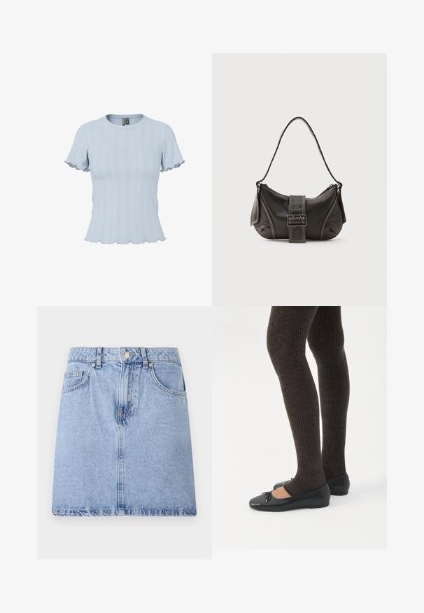 Lichtblauw gebreid topje met korte mouwen, geribde en kantachtige patronen, ronde hals en geplooide randen aan mouwen en zoom.; Lichtblauwe denim rok met een vijf-pocket ontwerp, sluiting met knoop en rits aan de voorkant, en een onafgewerkte zoom. Soepele textuur met lichte vervaging.; Benen met donkere geribbelde leggings gecombineerd met zwarte ballerina's met kleine strikdetails op een witte achtergrond.; Zwarte leren schoudertas met gespsluiting aan de riem, afgeronde hoeken en contrasterende witte stiksels op een effen achtergrond.