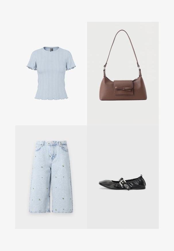 Haut en maille bleu clair à manches courtes avec motifs côtelés et effet dentelle, encolure ronde et bords volantés aux manches et à l'ourlet.; Shorts en denim délavé avec broderie florale, mettant en avant des marguerites et des feuilles vertes. Design classique à cinq poches et ourlet effiloché.; Chaussure plate en cuir noir avec un nez pointu, des détails froncés autour de l'ouverture et un accent en boucle argentée sur la bride ajustable.; Sac à bandoulière en cuir marron avec une poche à rabat avant ornée d'un détail en forme de nœud cousu et une sangle réglable.