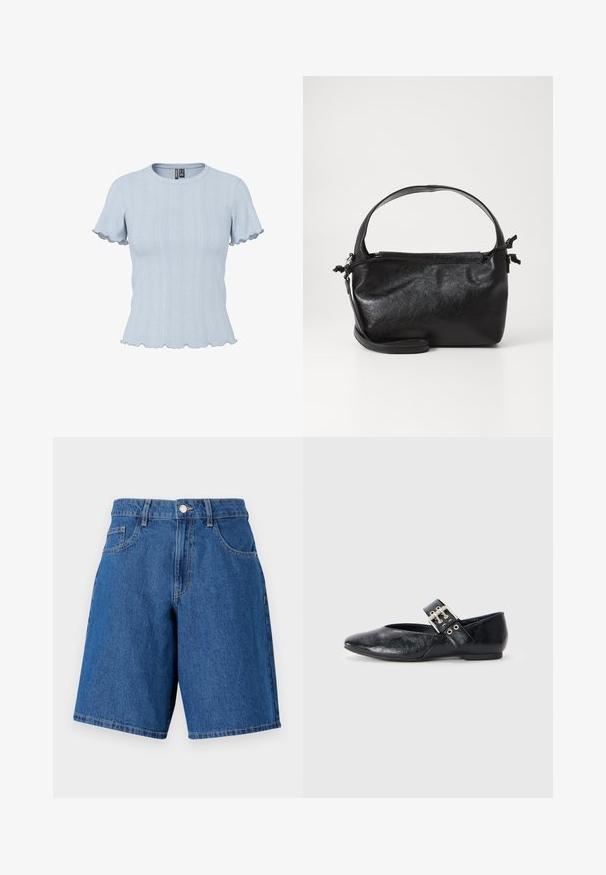 Haut en maille bleu clair à manches courtes avec motifs côtelés et effet dentelle, encolure ronde et bords volantés aux manches et à l'ourlet.; Shorts en denim bleu moyen, avec une taille haute, des passants de ceinture, deux poches avant et une coupe droite avec des détails cousus.; Chaussure plate en cuir noir avec un bout pointu, une sangle ajustable dotée d'une boucle en métal argenté, et un petit talon pour le confort.; Sac à main en cuir noir au design structuré, avec une poignée arrondie et une bandoulière amovible. Présente une texture lisse et un éclat subtil.