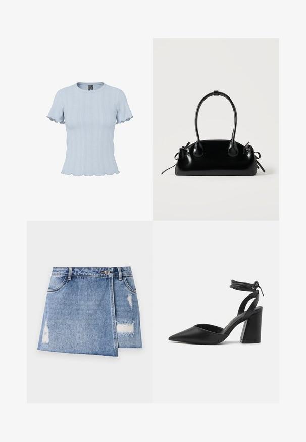 Lichtblauw gebreid topje met korte mouwen, geribde en kantachtige patronen, ronde hals en geplooide randen aan mouwen en zoom.; Lichtblauw denim minirok met vervaagde plekken en versleten details. Heeft een frontale knoopsluiting en een traditionele vijf-pocket design.; Zwarte pumps met spitse neus, een stevige blokhak, gemaakt van glad leer en voorzien van een verstelbare enkelband voor een veilige pasvorm.; Kleine zwarte glanzende handtas met twee lange hengsels en zijkant trekkoord details op een effen lichte achtergrond.
