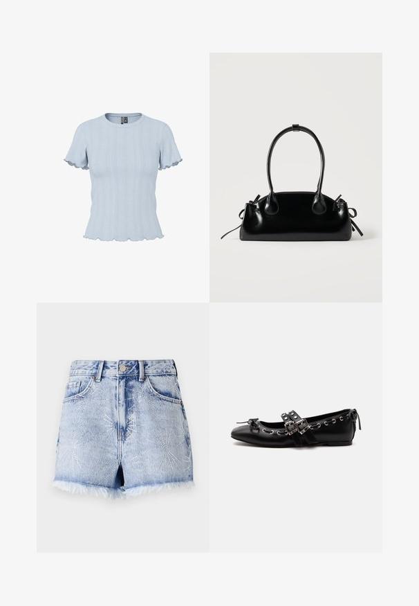 Top de punto azul claro de manga corta con patrones acanalados y tipo encaje, escote redondo y bordes con volantes en las mangas y el dobladillo.; Shorts de mezclilla en azul claro con un dobladillo deshilachado. Presenta adornos de tachuelas plateadas en patrones de explosión de estrellas y un diseño tradicional de cinco bolsillos.; Zapato de ballet plano negro con correas de doble hebilla, ojales plateados y un pequeño lazo cerca de la puntera redondeada sobre un fondo blanco.; Pequeño bolso negro brillante con dos asas largas y detalles de cordón lateral sobre un fondo claro liso.