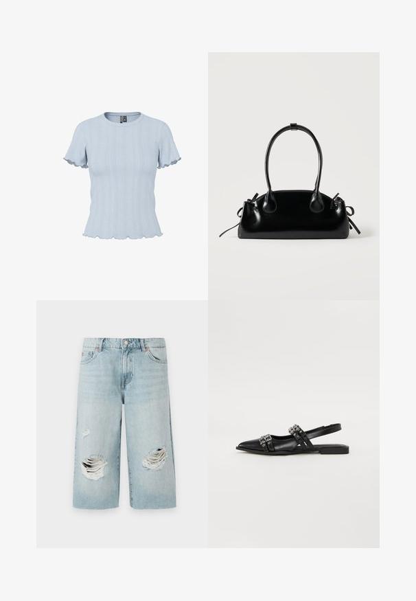 Lichtblauw gebreid topje met korte mouwen, geribde en kantachtige patronen, ronde hals en geplooide randen aan mouwen en zoom.; Lichtblauwe denimshorts met een losse pasvorm, voorzien van twee grote versleten scheuren aan de voorkant. Vijf zakken en een zichtbare metalen knoopsluiting.; Even&Odd by Zalando Slingback ballerina´s - black; Kleine zwarte glanzende handtas met twee lange hengsels en zijkant trekkoord details op een effen lichte achtergrond.