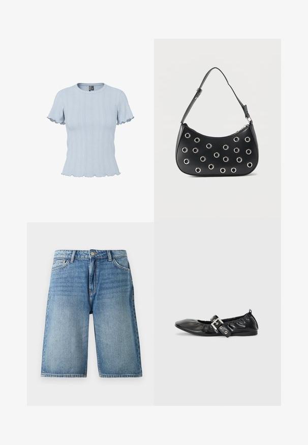 Haut en maille bleu clair à manches courtes avec motifs côtelés et effet dentelle, encolure ronde et bords volantés aux manches et à l'ourlet.; Shorts en denim bleu jusqu'au genou avec bouton frontal et fermeture éclair, passants pour ceinture, et poches latérales, présentés sur fond blanc.; Chaussure plate en cuir noir avec un nez pointu, des détails froncés autour de l'ouverture et un accent en boucle argentée sur la bride ajustable.; Sac d'épaule en cuir noir avec bandoulière réglable, orné d'œillets en métal argenté et fermeture éclair supérieure.