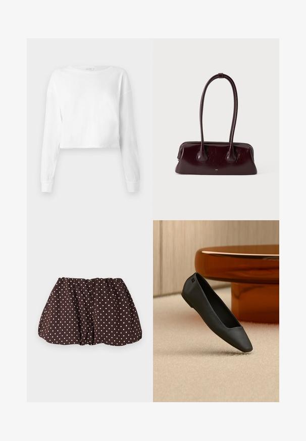 Camisa blanca de manga larga recortada con escote redondo y puños ajustados, presentada sobre un fondo blanco.; Minifalda marrón con lunares blancos, cinturilla elástica fruncida y una silueta ligeramente acampanada sobre un fondo liso.; Zapato plano negro de punta afilada descansando sobre una alfombra beige cerca de una mesa redonda de color ámbar en un entorno de habitación minimalista.; Bolso de mano de cuero marrón oscuro brillante con asas largas y finas y una base rectangular estructurada sobre un fondo claro y liso.