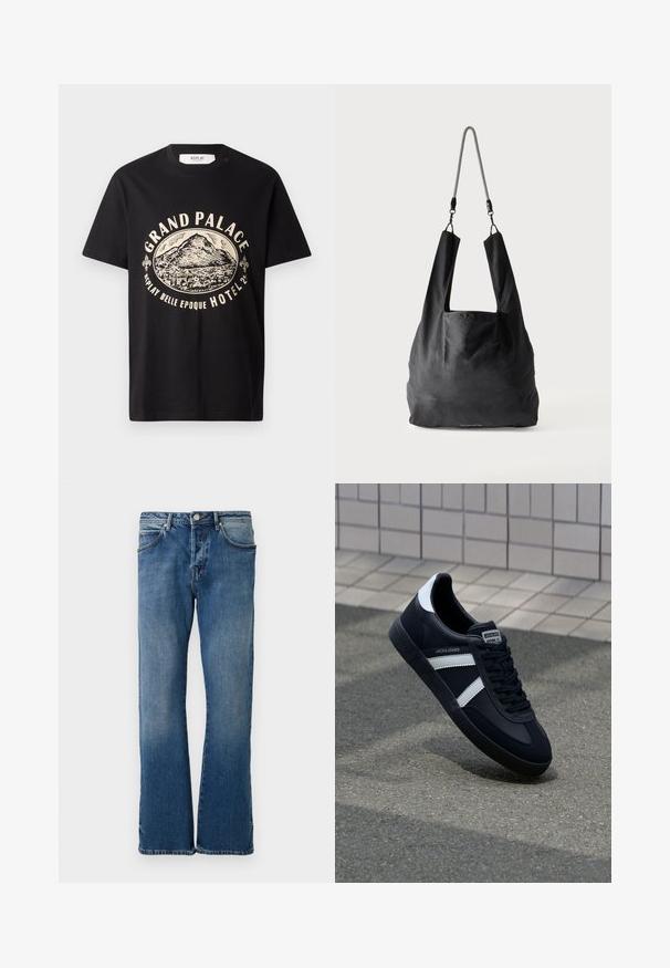 Schwarzes Baumwoll-T-Shirt mit einem beigen Grafikdruck eines Berges und dem Text "Grand Palace Replay Belle Epoque Hotel." Einfaches Design mit Rundhalsausschnitt.; Helle blaue Jeans aus Denim mit geradem Bein, ausgestattet mit fünf Taschen, einem Knopfverschluss und subtilen Ausbleichungen auf dem Stoff.; Schwarze Leder-Sneaker mit weißen Streifen, strukturiertem Gummisohle und Schnürung. Verfügt über ein Markenetikett auf der Zunge.; Schwarze weiche Stofftragetasche mit breiten Griffen und einem dünnen schwarz-weißen geflochtenen Schulterriemen.