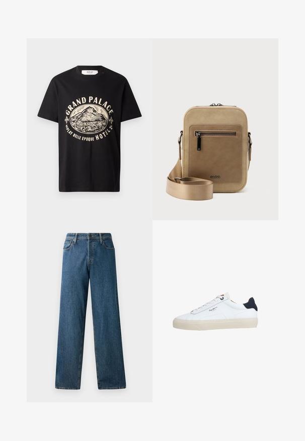 Zwart katoenen t-shirt met een beige grafische print van een berg en de tekst "Grand Palace Replay Belle Epoque Hotel." Eenvoudig ontwerp met ronde hals.; Donkerblauwe denim jeans met een ontspannen pasvorm, rechte pijpen, vijf zakken en contrasterende stiksels. Beschikt over een ritssluiting met een knoop aan de voorkant.; Witte lage sneaker met een beige zool, witte veters, zwarte hielstrook en het logo "Pepe Jeans London" aan de zijkant.; Kleine beige crossbodytas met een voorvak met ritssluiting, metalen ALDO-logo, verstelbare brede band en afgeronde rechthoekige vorm op een witte achtergrond.