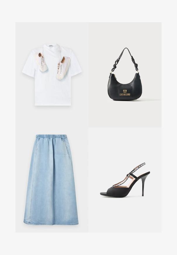 T-shirt en coton blanc avec un imprimé graphique de baskets beiges lacées. Col rond et manches courtes, esthétique simple et épurée.; Jupe midi en denim bleu clair avec taille élastique et poches latérales, silhouette droite et détails subtils de coutures.; Sandale noire à talon haut avec bout ouvert et brides marquées portant l’inscription "LOVE MOSCHINO" sur un fond clair et uni.; Sac à main Love Moschino en cuir noir avec forme incurvée, bandoulière nouée et plaque logo dorée à l'avant.