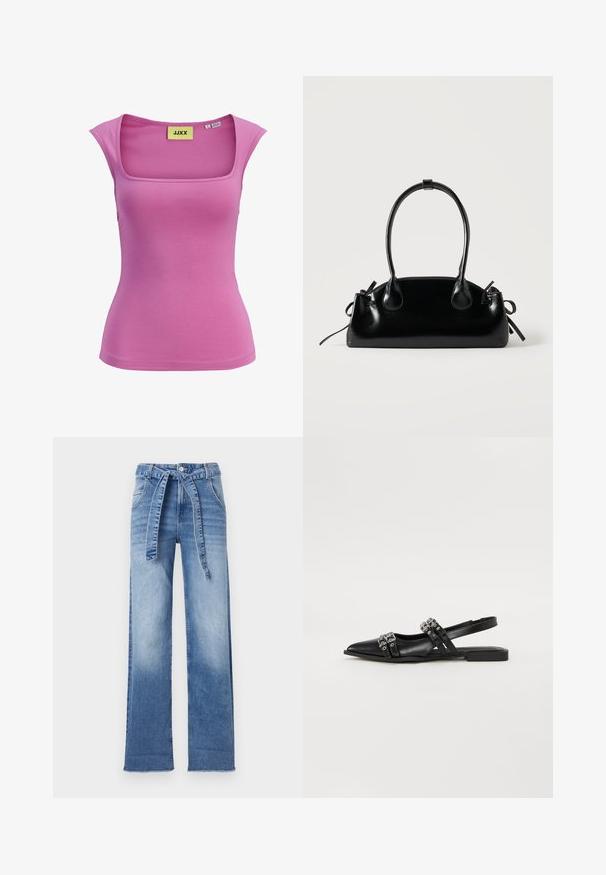 Roosa naiste varrukateta top ruudukujulise kaelusega ja liibuva lõikega, suurus väike, sildiga JJXX.; Heledad sinine denim kõrge vöökohtadega püksid laia säärega disainiga, millel on vöökohtade juures lips-vöö ja pleekinud pesuefekt.; Even&Odd Kannarihmaga baleriinad - black; Väike must läikiv käekott kahe pika sangaga ja külgedel paelakinnitustega, ühel lihtsal helel taustal.