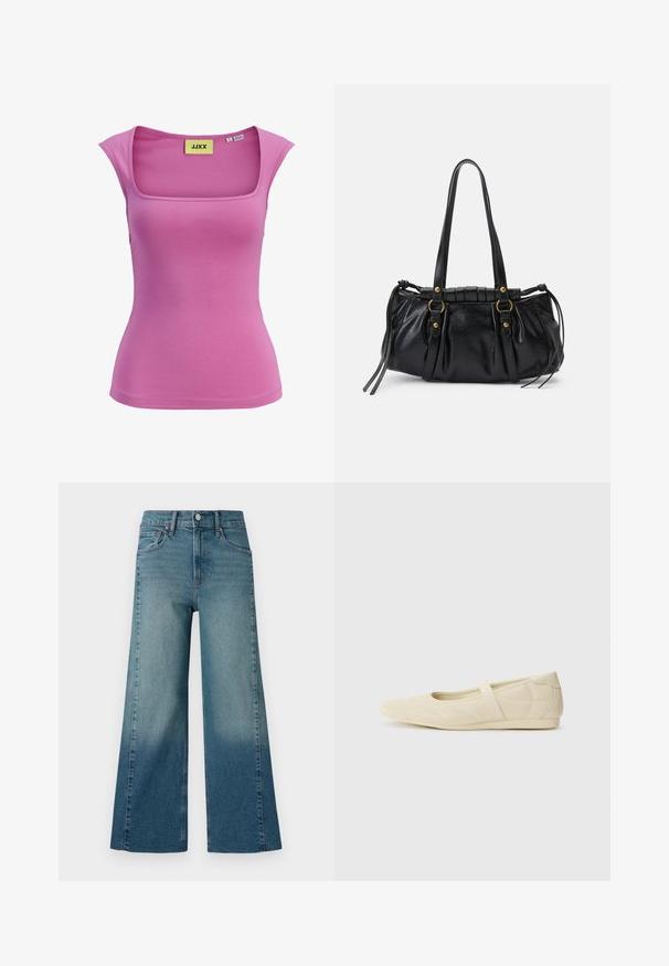 Roze dames top zonder mouwen met een vierkante halslijn en een aansluitend ontwerp, maat small, met label JJXX.; Brede pijpen jeans in een middelmatige blauwe wassing, met een gradient effect van donker naar licht. Gemaakt van denim met een traditionele vijf-pocketstijl.; Beige ballerina's met een gladde leren buitenkant, amandelvormige punt en elastische band over de wreef, met subtiele stiksels.; Zwarte leren handtas met een afgeronde vorm, dubbele handvatten, decoratieve hardware accenten en details met zijstrikken. Smooth, glanzende textuur.