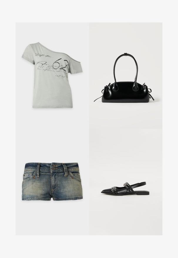 Light grey short-sleeve T-shirt with an asymmetric off-shoulder neckline and black script and large “62” graphic across the front.; Faded blue denim shorts with visible stitching, belt loops, front pockets, and double button closure, displayed on a plain background.; Even&Odd by Zalando Slingback ballet pumps - black; Small black glossy handbag with two long handles and side drawstring details on a plain light background.